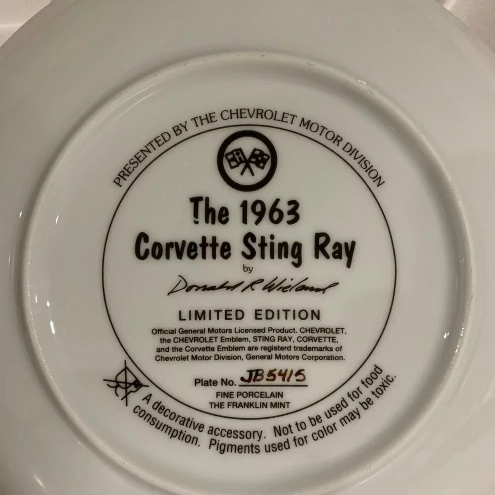Franklin Mint 1963 Corvette Sting Ray Plate # JB5415